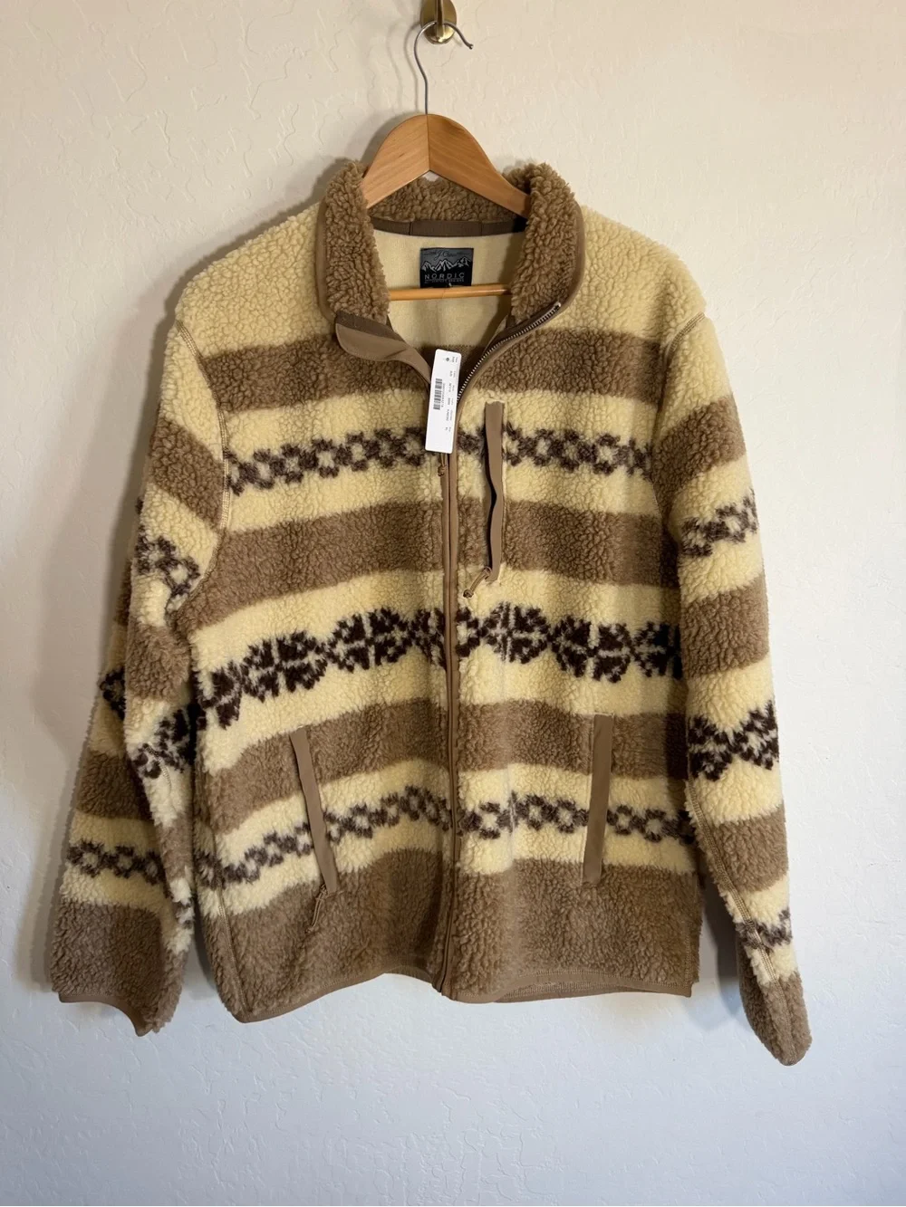 J.Crew Nordic Sherpa Fleece Full Zip Jacket Fair Isle Tan Beige Size XL NWT